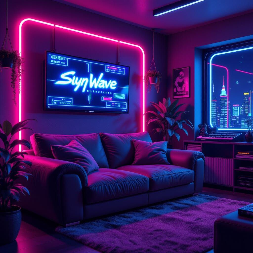 Cyberpunk Reading Nook with Neon and Synthwave