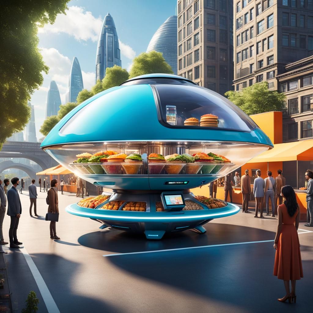 Futuristic Food Vending Hovercraft in Vibrant City