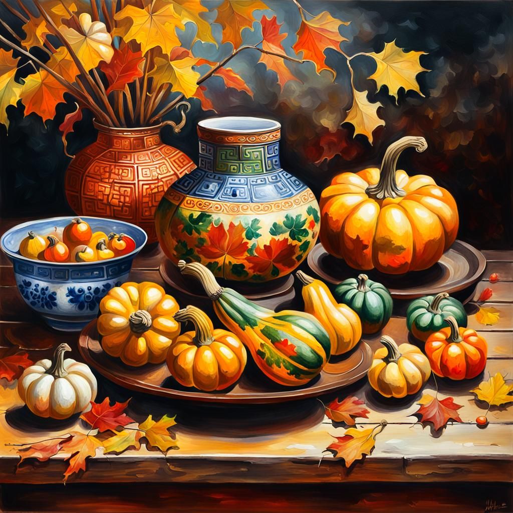 Chinese Autumn Scene in Hyperrealistic Gouache Style