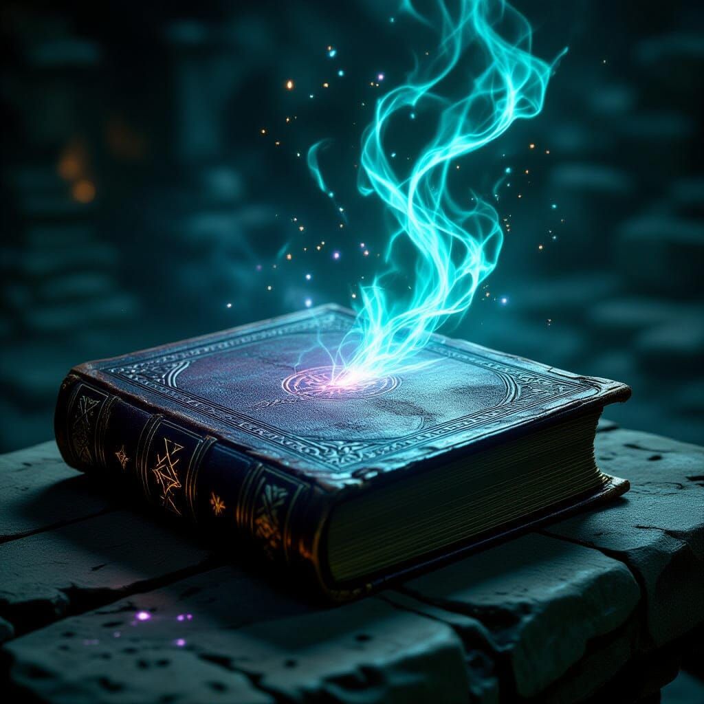 Ancient Tome Emitting Magical Energy on Altar
