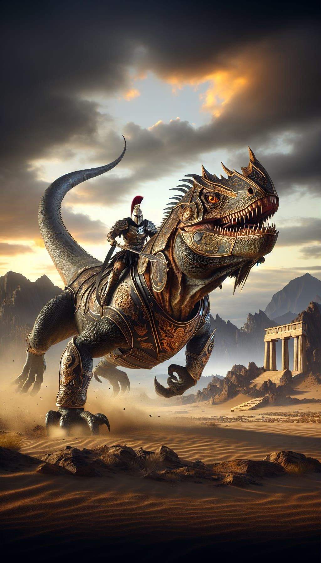 huge very realistic war iguana lizard, with armor, long neck...