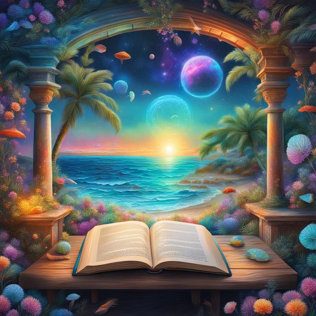 Book in Garden Gazebo by Beach: Cosmic Illustration