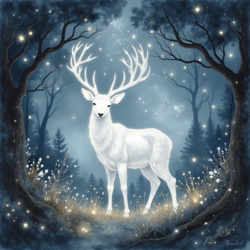 Glowing White Deer in Enchanted Forest Watercolor
