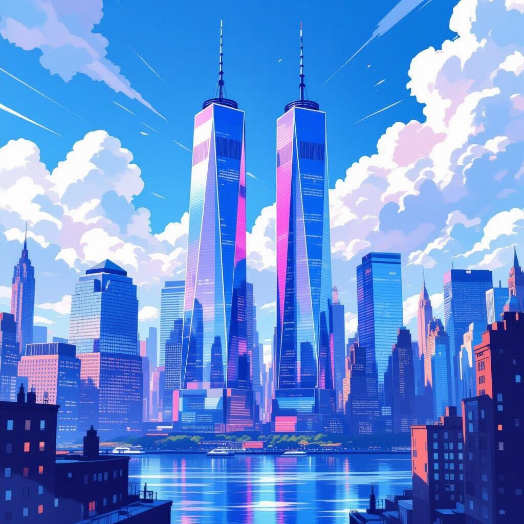 Twin Towers NYC Under Blue Skies with Puffy Clouds