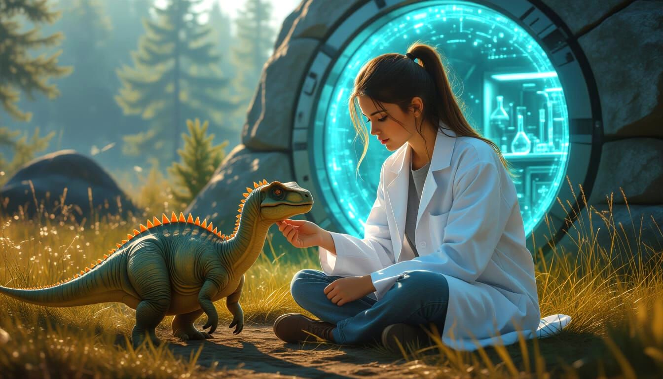 Scientist and Brontosaurus Through Time Portal