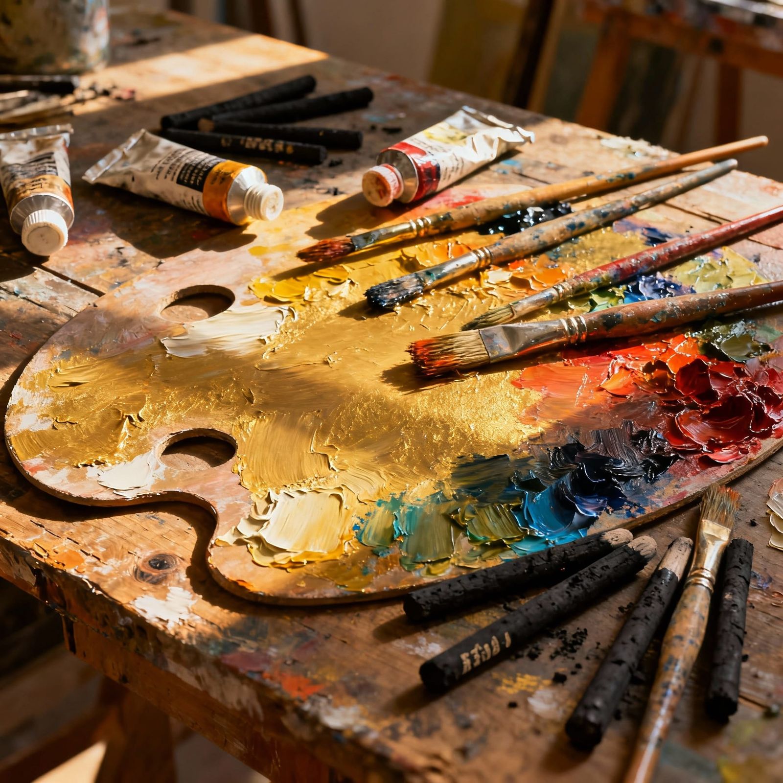 Artist's Worktable With Used Painting Tools