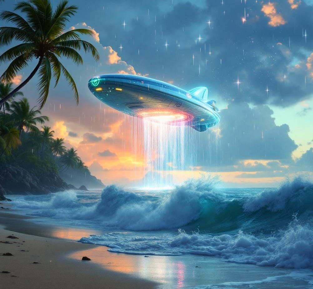 Ethereal Spaceship Hovers Above Tropical Island Bay