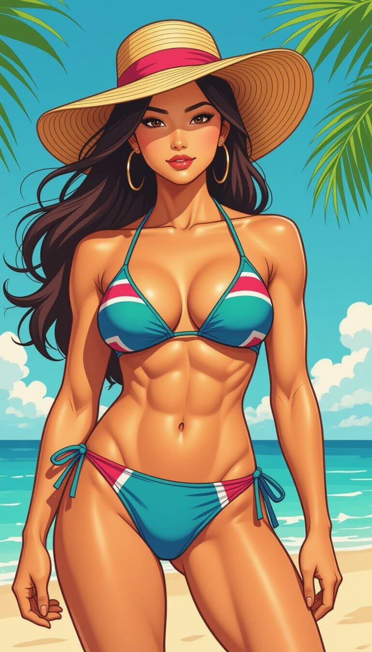 Strong Asian Woman Poses in Bikini in Vibrant Comic Art Styl...