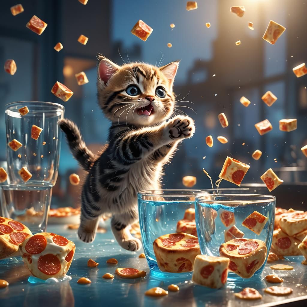 Kitten Jumps Over Cups Spelling Cats Pizzas in 3D
