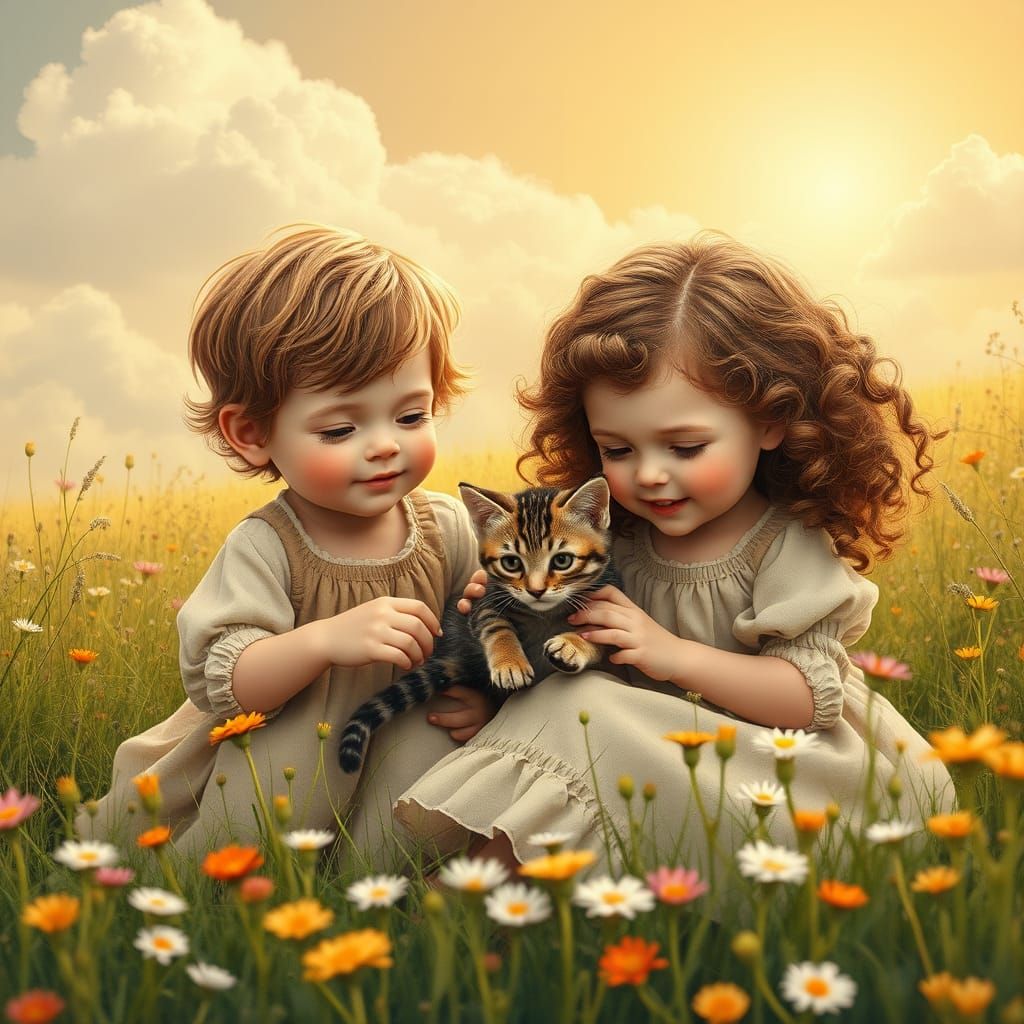 Whimsical Children Play with Tabby Kitten in a Romantic Scen...