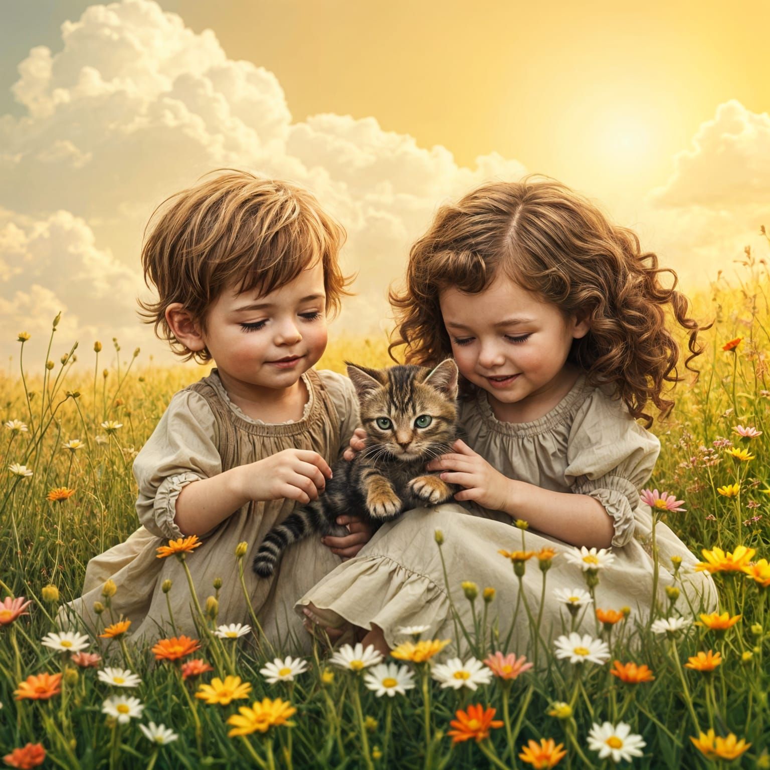 Whimsical Children Play with Tabby Kitten