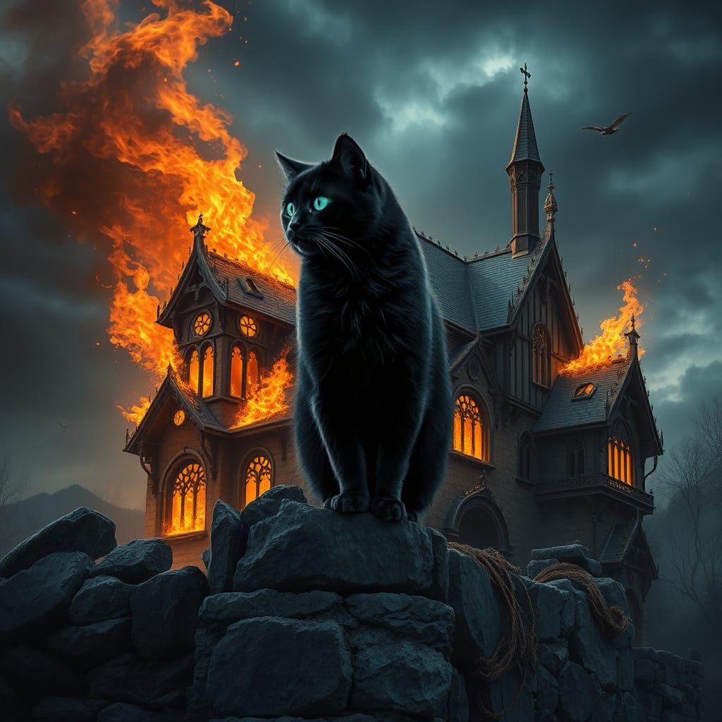 Majestic Black Tabby Cat Watches Ancient House Go Up in Flam...