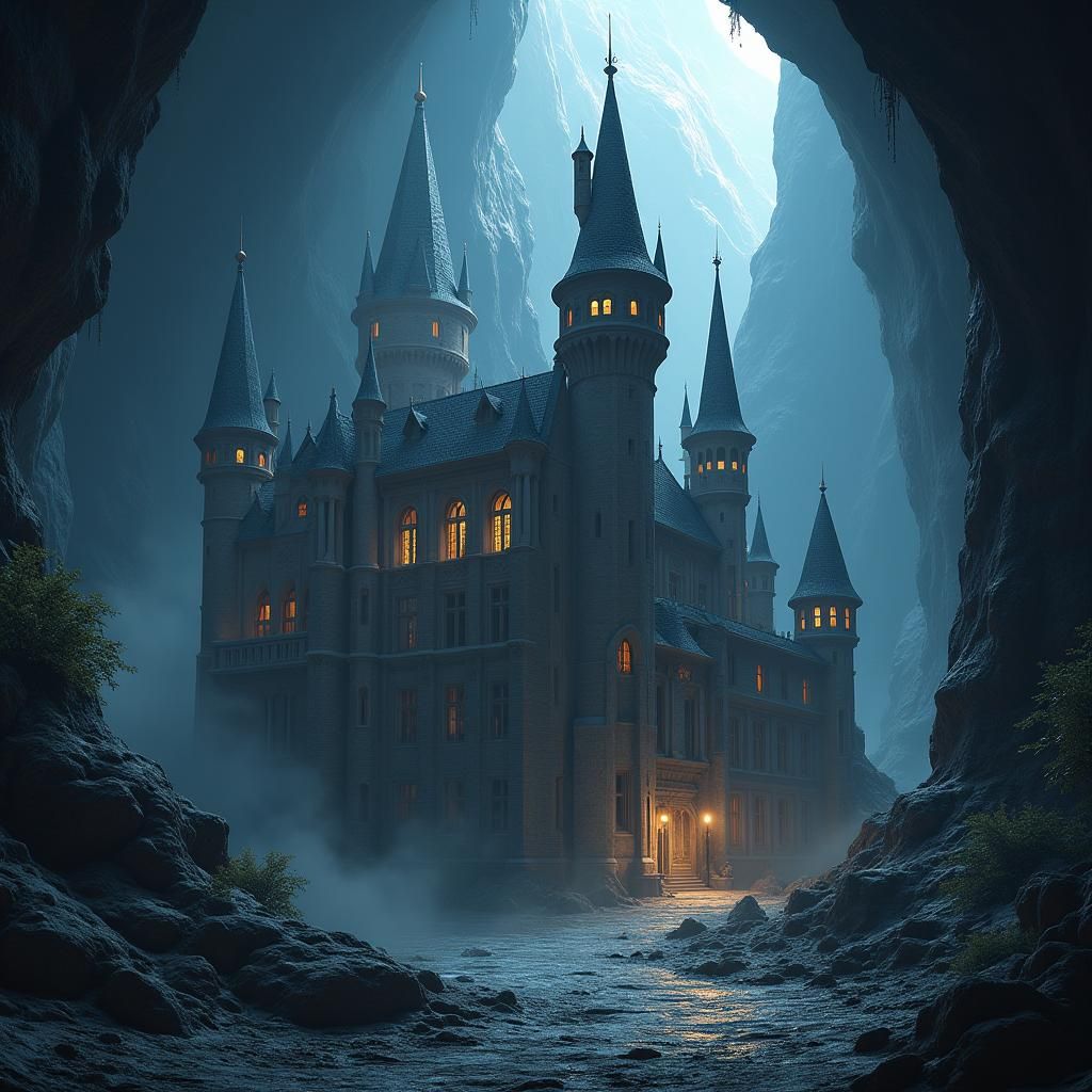 Mystical Medieval Castle at Cave Entrance