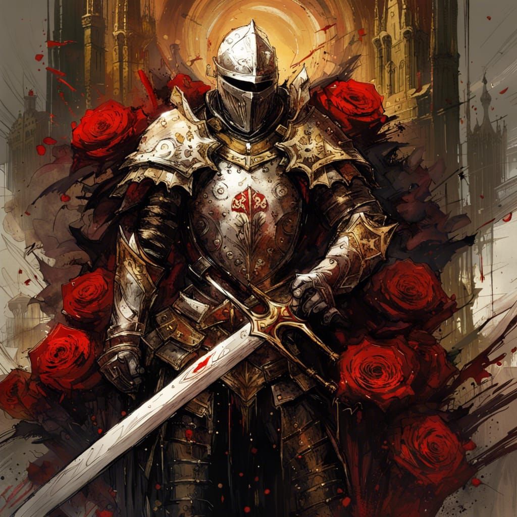 Gothic Knight in Rose Garden Under Golden Sunlight