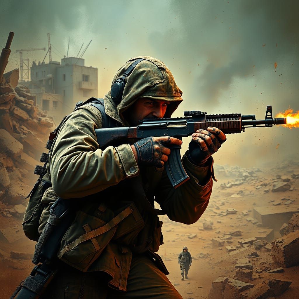 Gritty War Zone Battle in Frazetta-Inspired Style