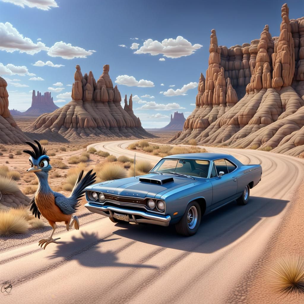 Roadrunner and Plymouth in Arizona Badlands