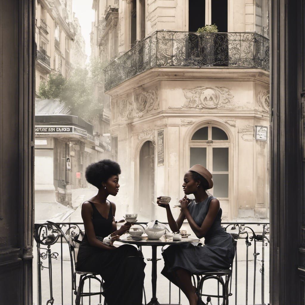 Two Black Ladies Enjoying Tea In a Paris Cafe.
