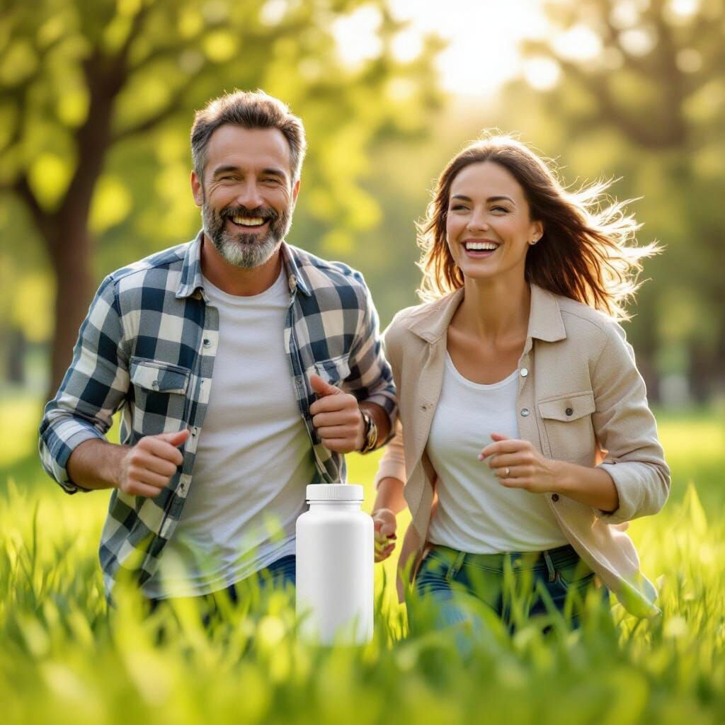 Fit Couple Running in Sunny Park, Photorealistic Style