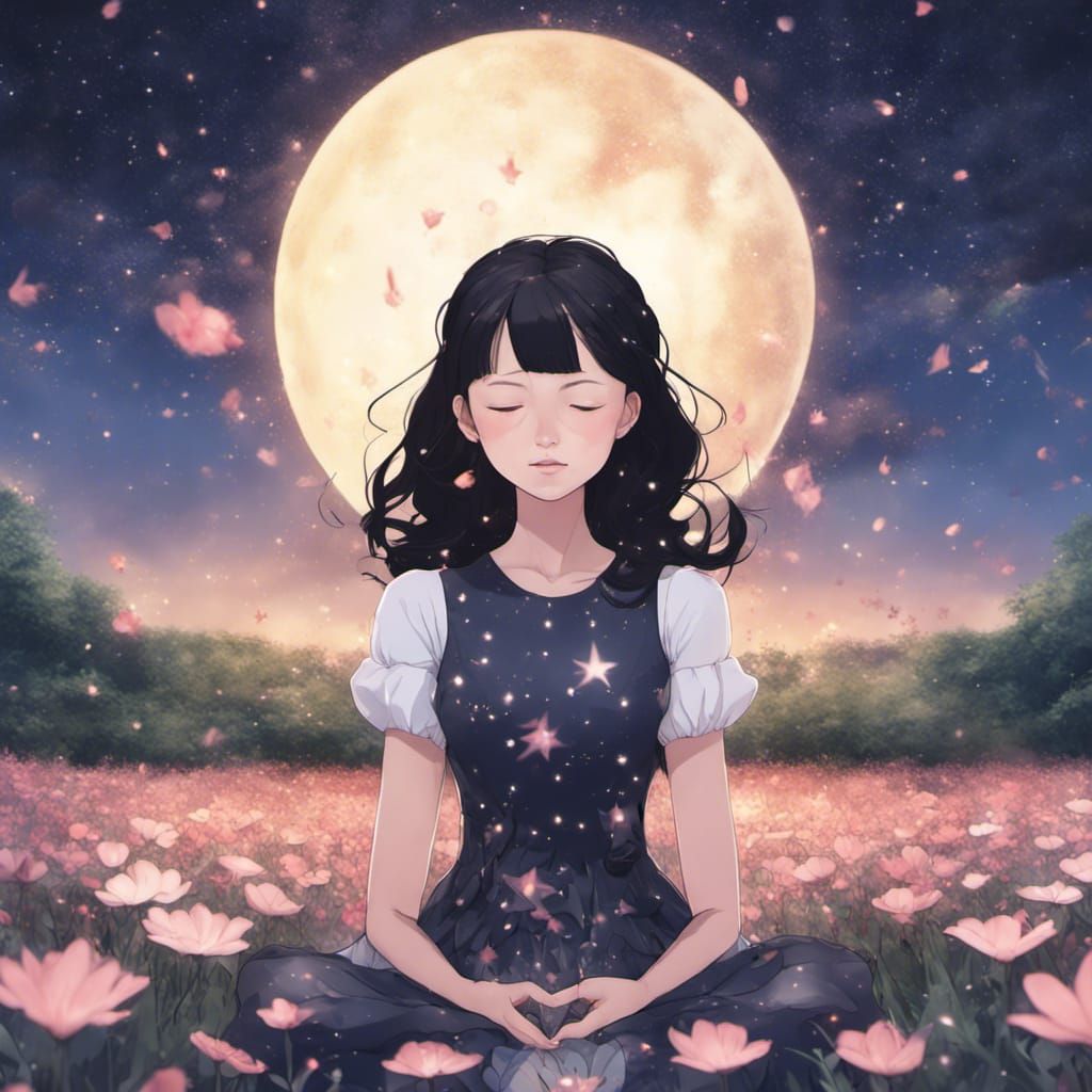 Woman Meditating in Starry Dress in Flower Field