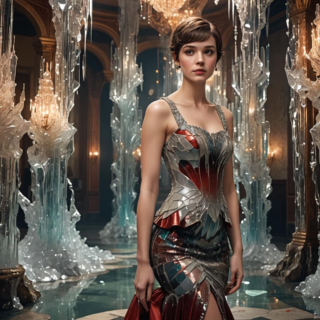 Crystalline Dress in Grand Ballroom, Hyperrealistic Image