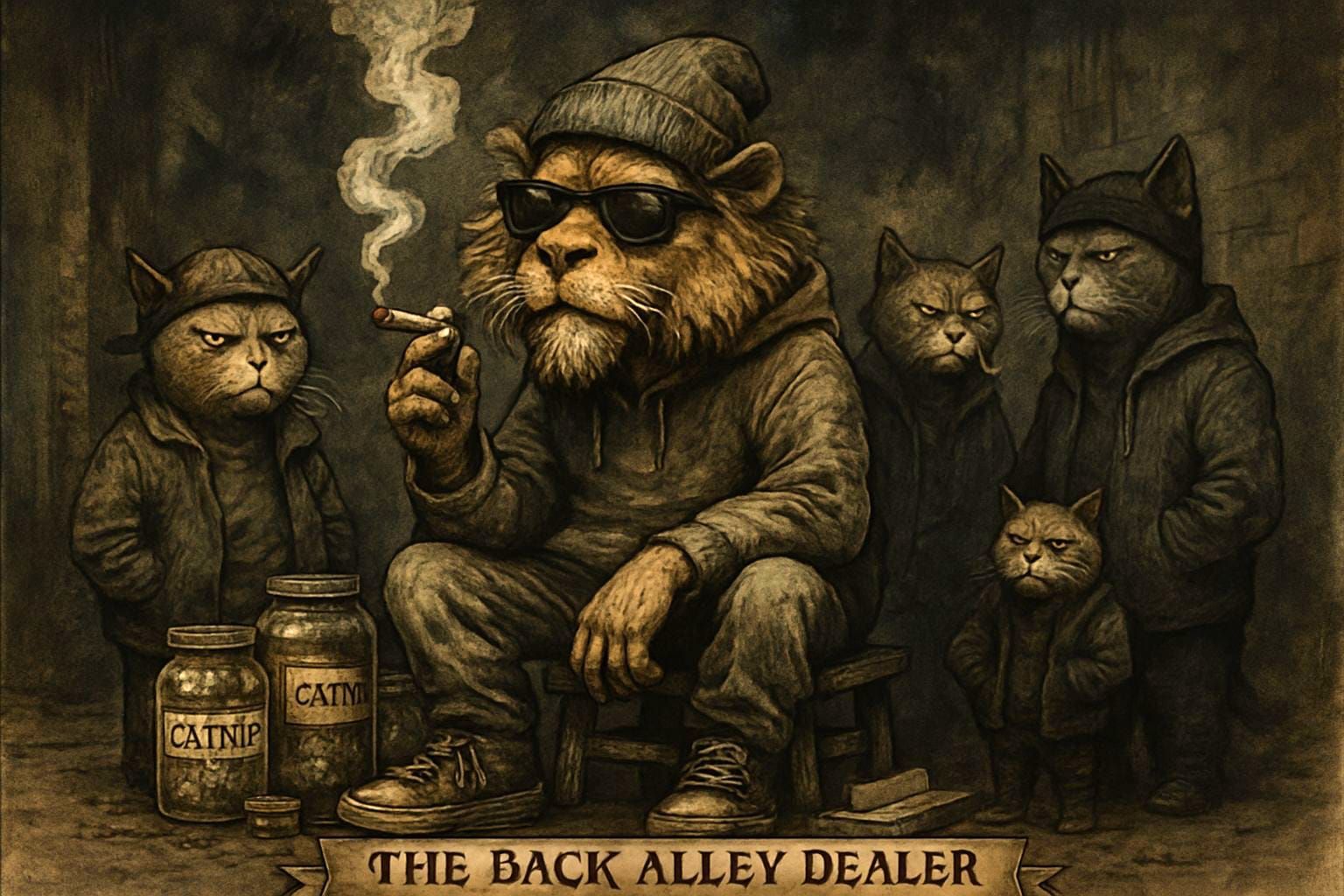 Anthropomorphic Lion Dealer in Gritty Urban Street Scene