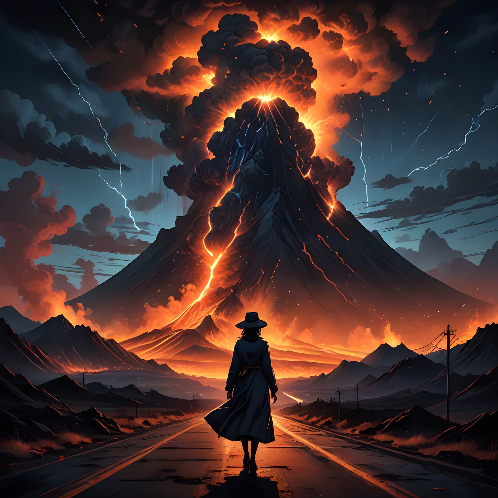 Surreal Nighttime Volcano Eruption in Anime Style