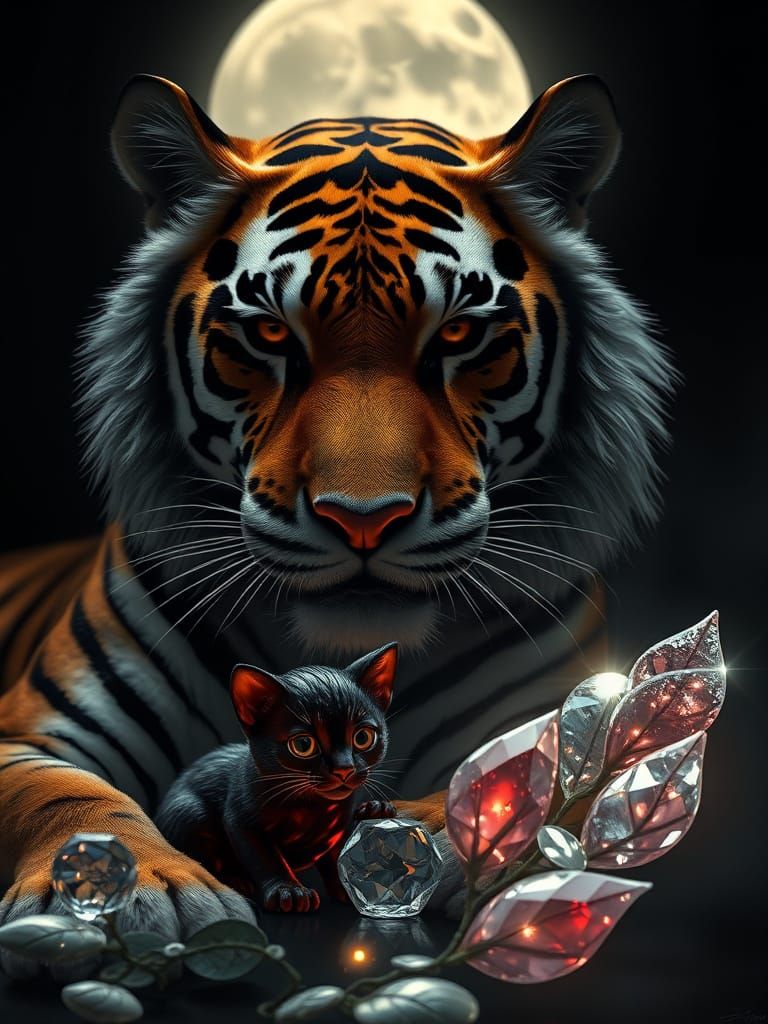Regal Tiger in Shadowy Glow with Ethereal Glass Companion