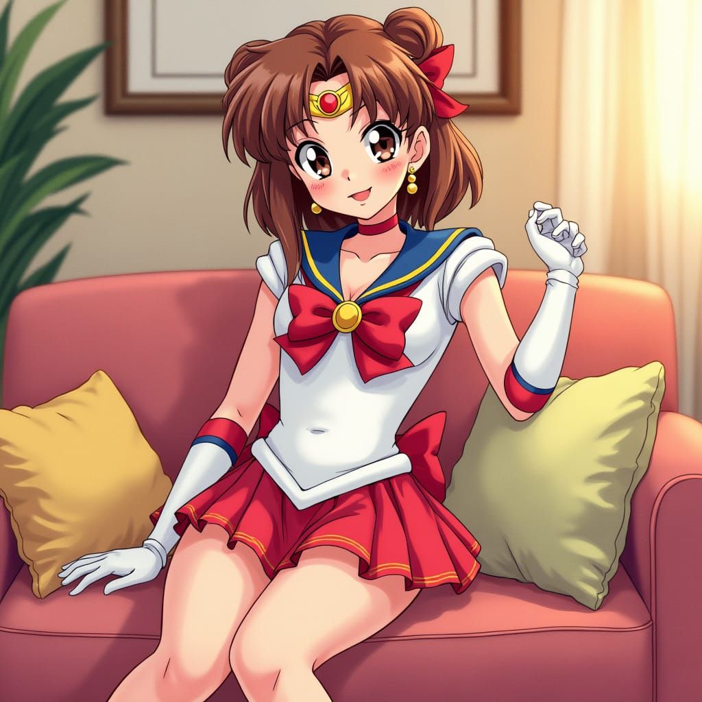 Sailor V on Plush Couch: Anime-Inspired Illustration