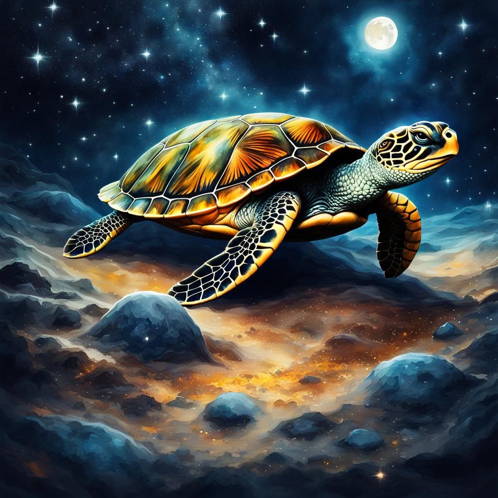 Mystical Turtle on the Moon: Watercolor Art