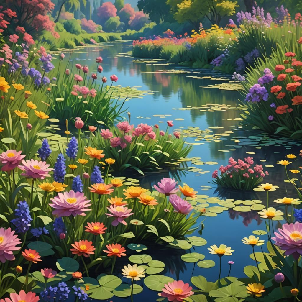 Flowers and River in 3D Digital Art Style