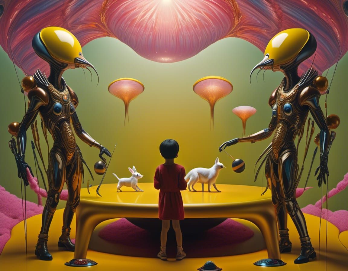 Abstract Alien Portrait with Pet in Surreal Scene