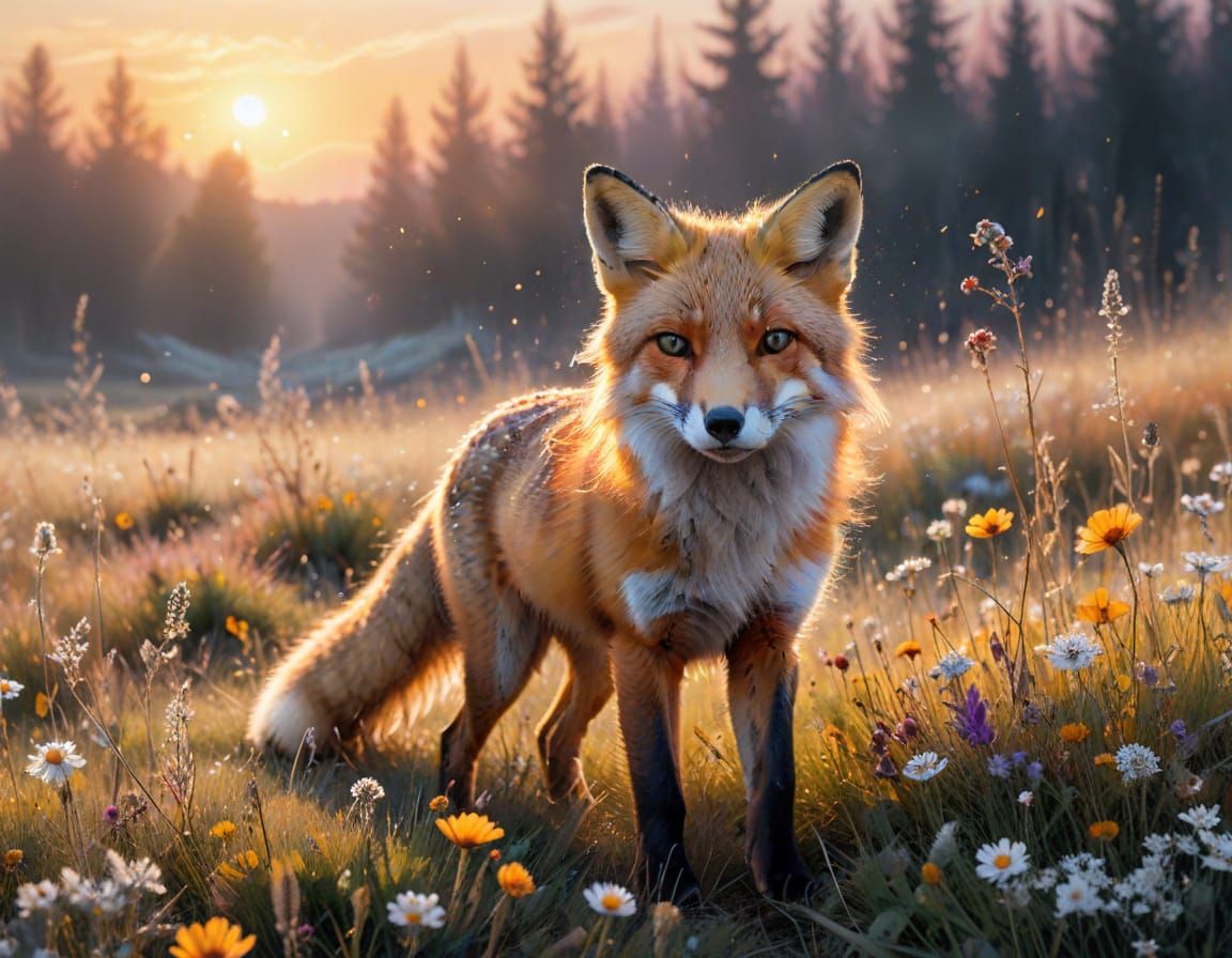 Fox in Summer Meadow, Watercolor Style