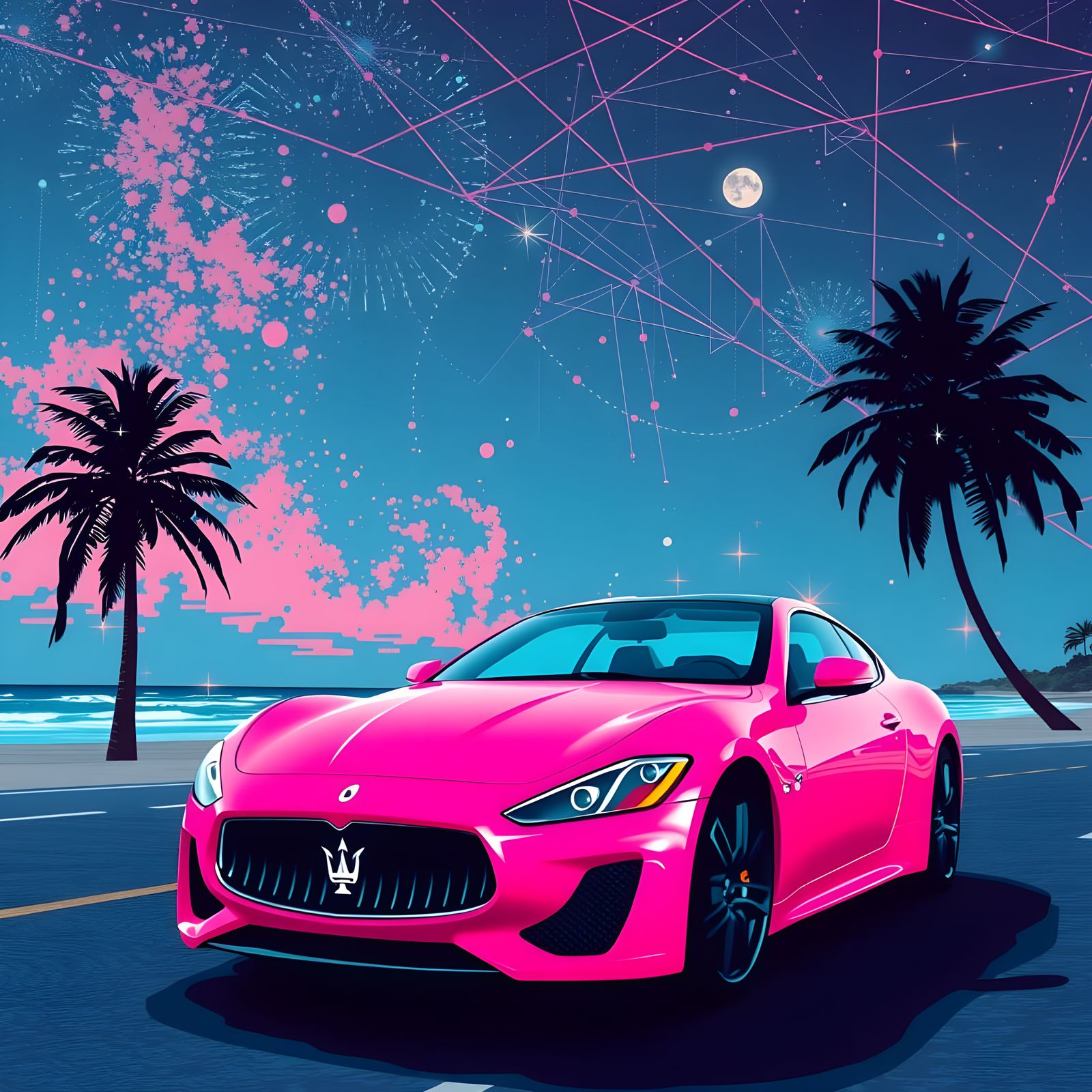 Hot Pink Maserati Under Constellations in Glitchcore Style