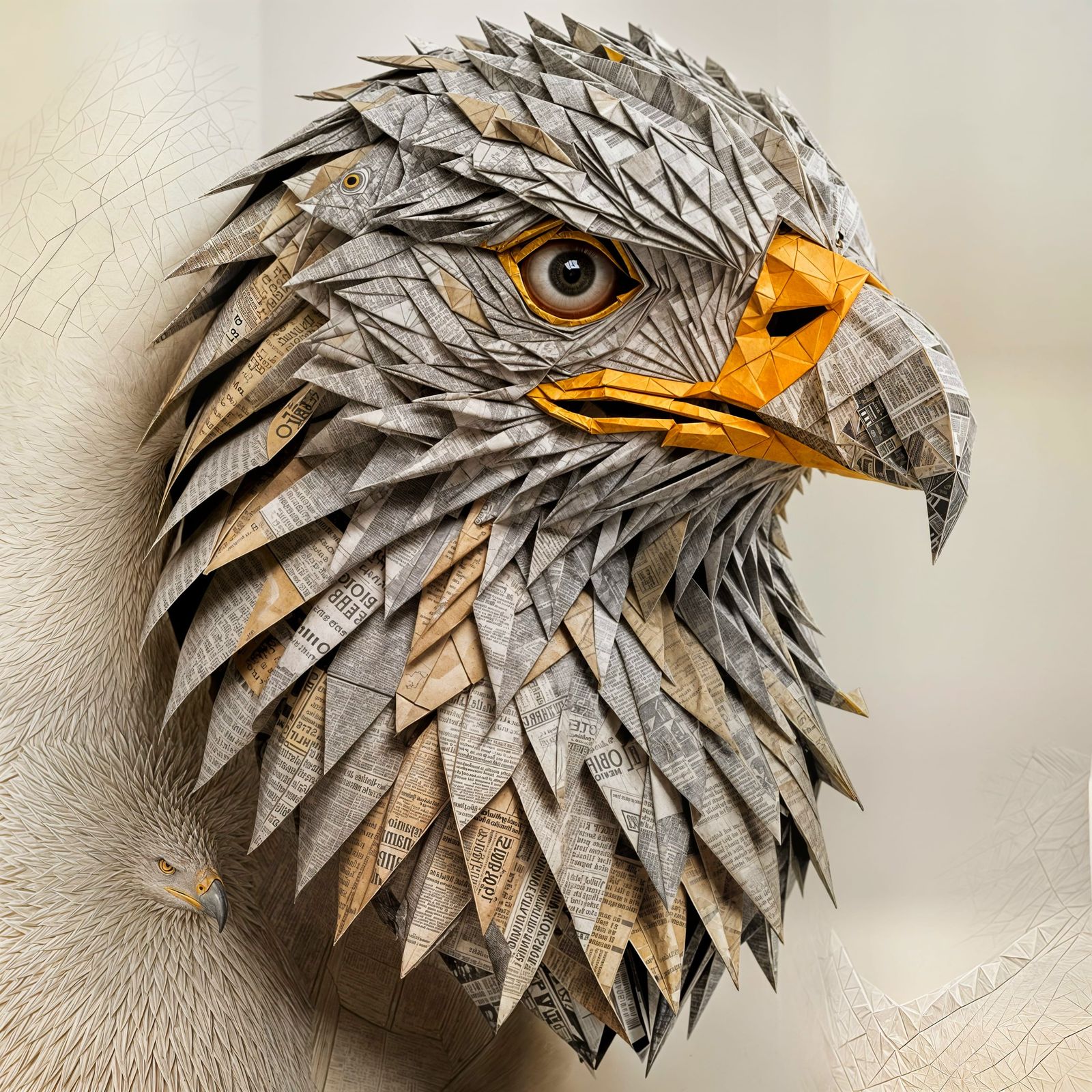 Origami Eagle Head Sculpture Made of Newspaper