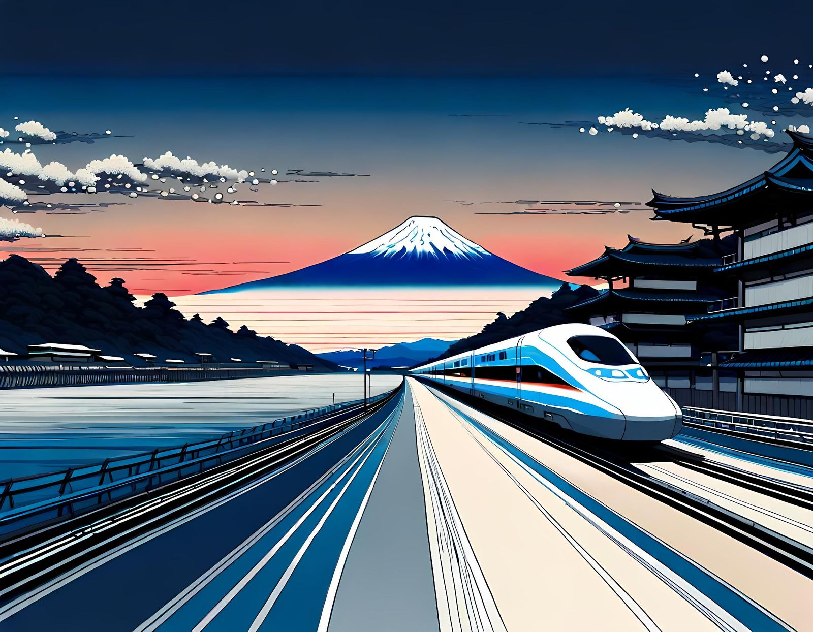 Dreamlike Maglev Train in Ukiyo-e Style