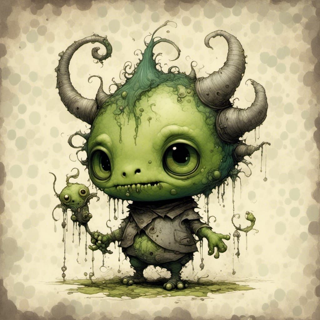 Chibi Green Monster with Surreal Heavy Lines