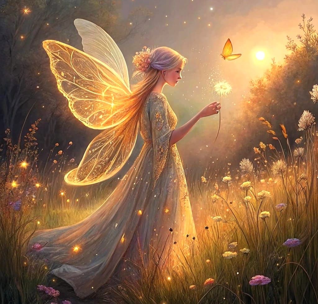 Ethereal Fairy Amidst Wildflowers in Dreamy Palette