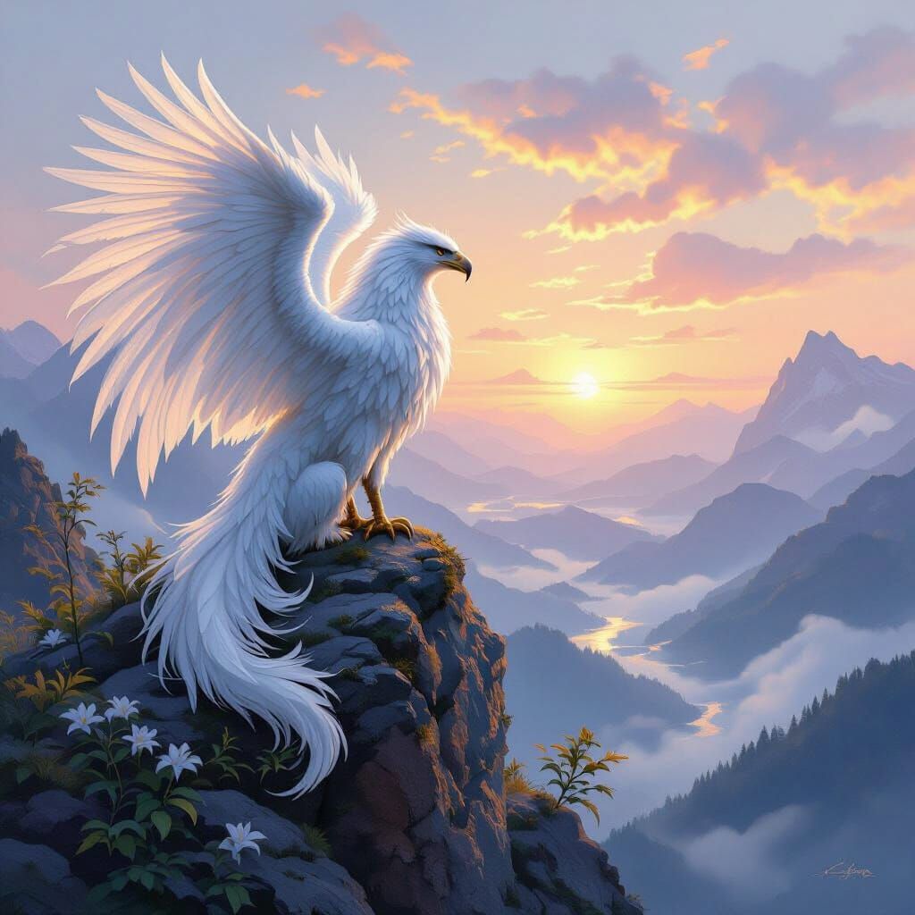 Lily Petal Griffin Overlooking Misty Valley