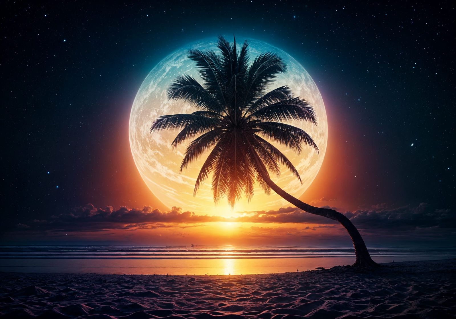 Galactic Palm Tree Sunset: Sci-Fi Double Exposure
