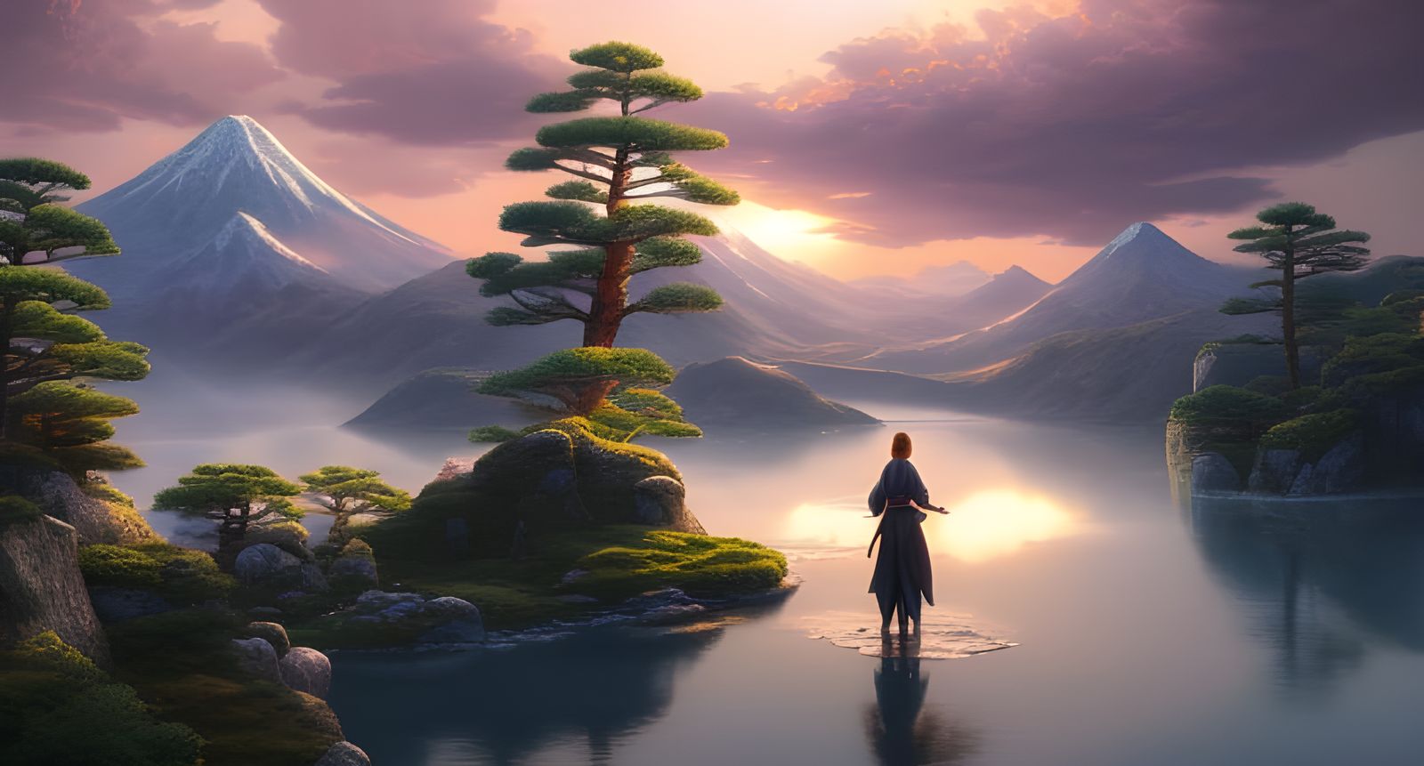 Magical Japanese Mountain Landscape at Sunset in 8K