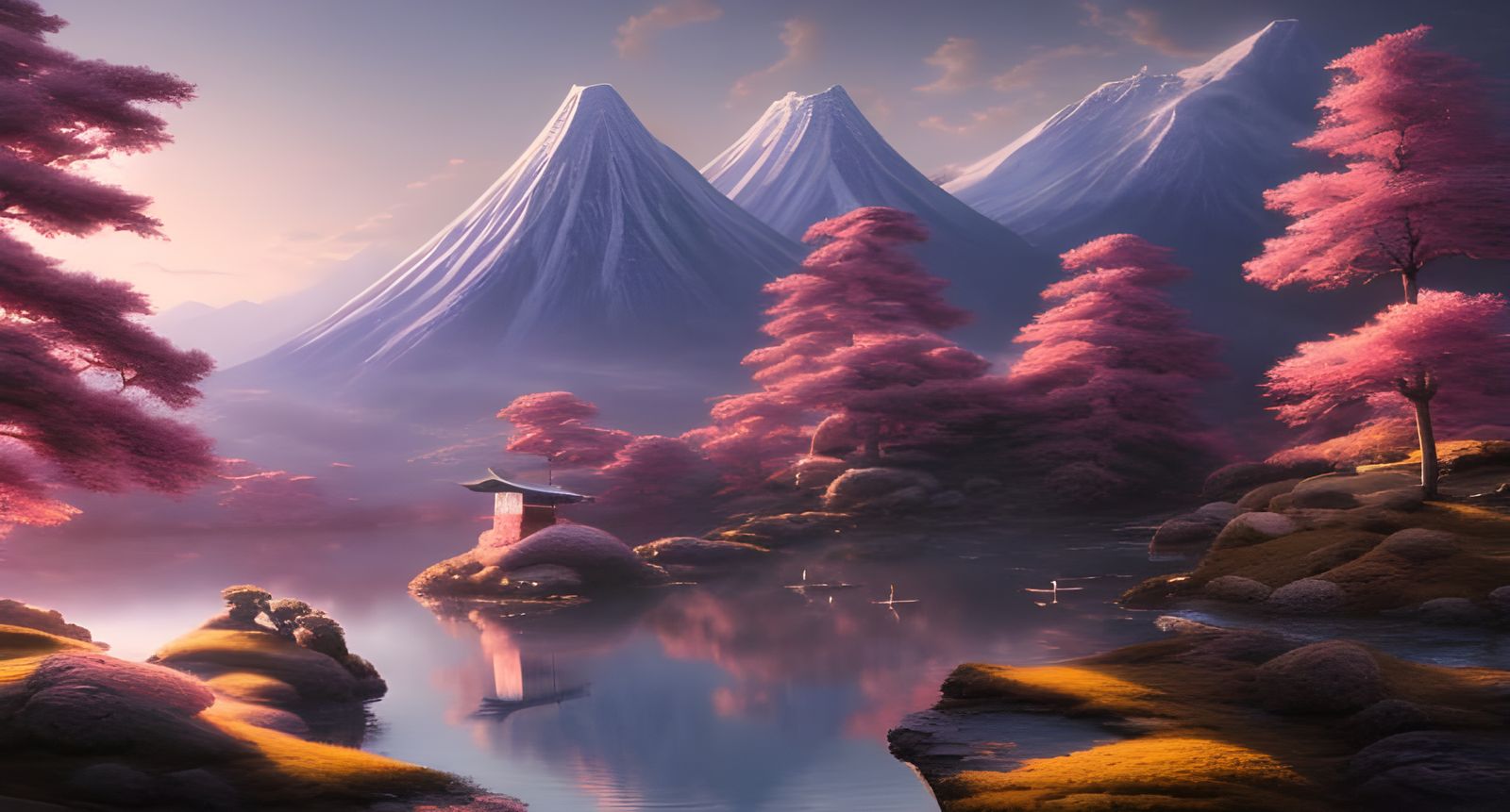 Magical Japanese Mountain Sunset: Detailed Digital Art