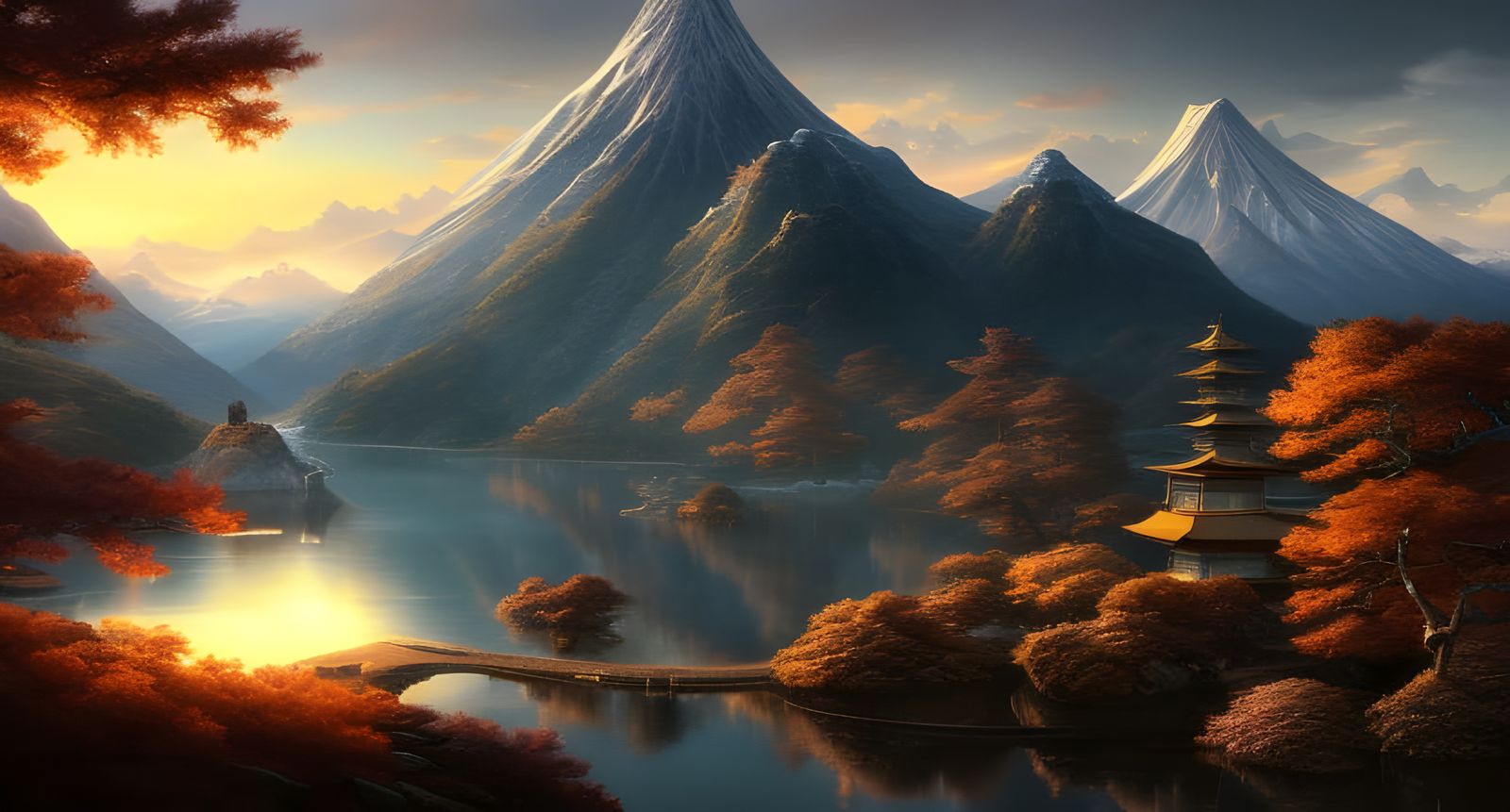Magical Japanese Mountain Sunset: Detailed Digital Art