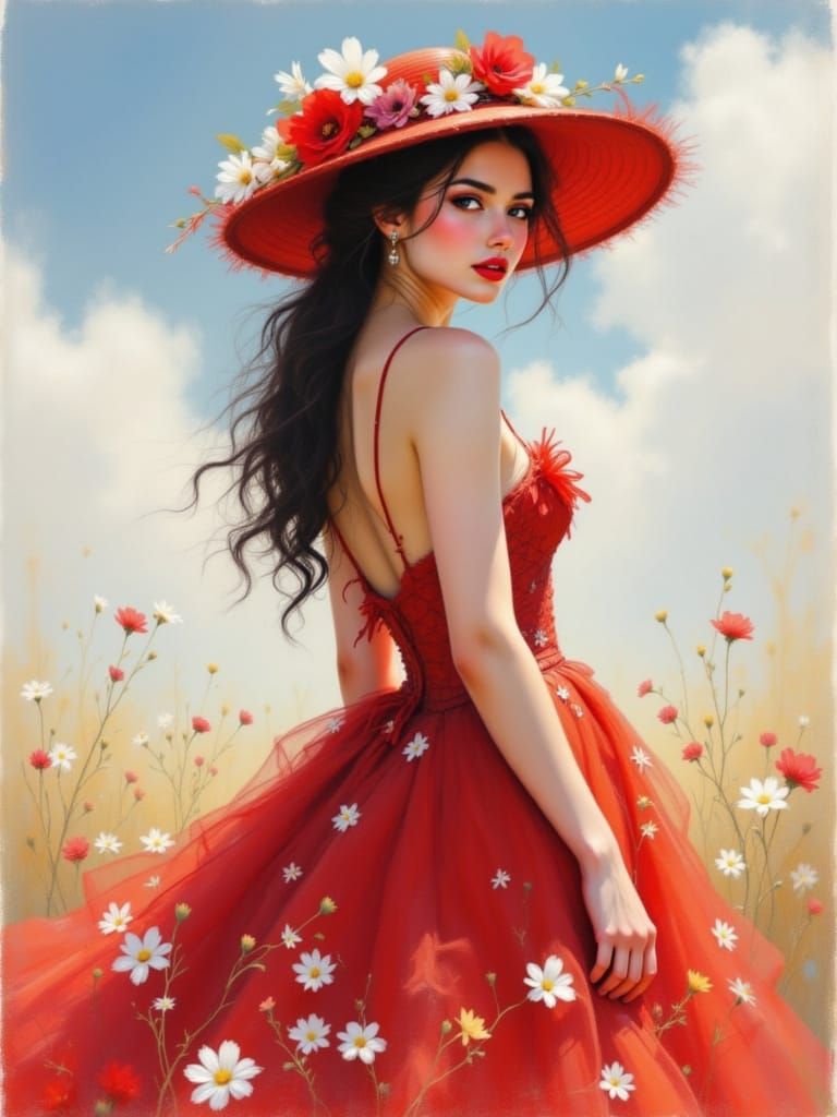 Regal Woman in Red Gown Under Soft Daylight
