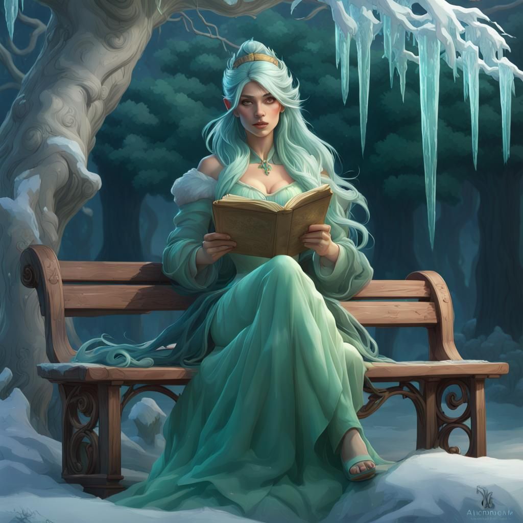 Green-Haired Woman Reading Under Ice Tree
