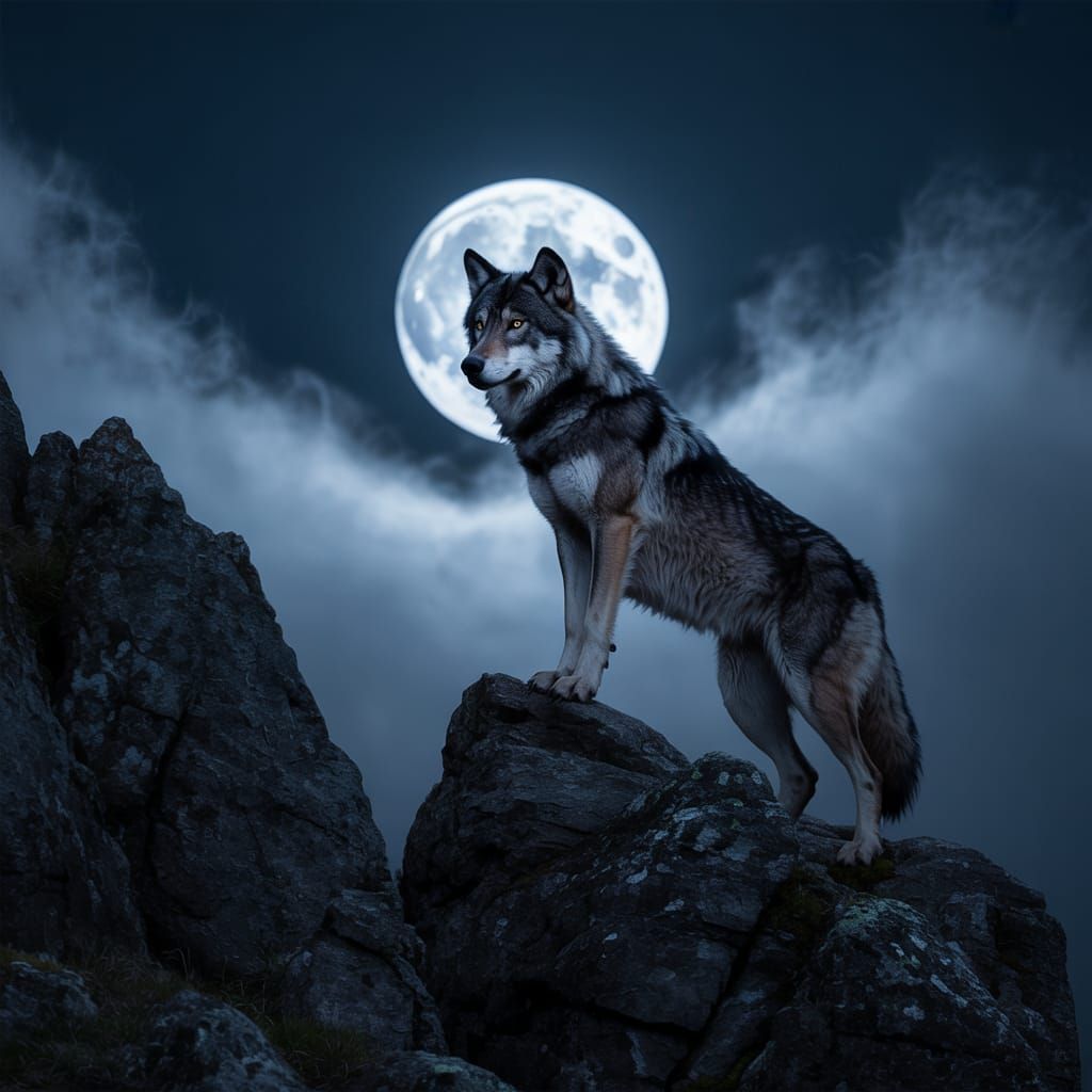 Lone Wolf Silhouetted Against Full Moon in Dark Mountains