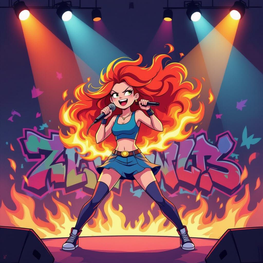 Flame Princess Rapping Energetically at Neon Concert