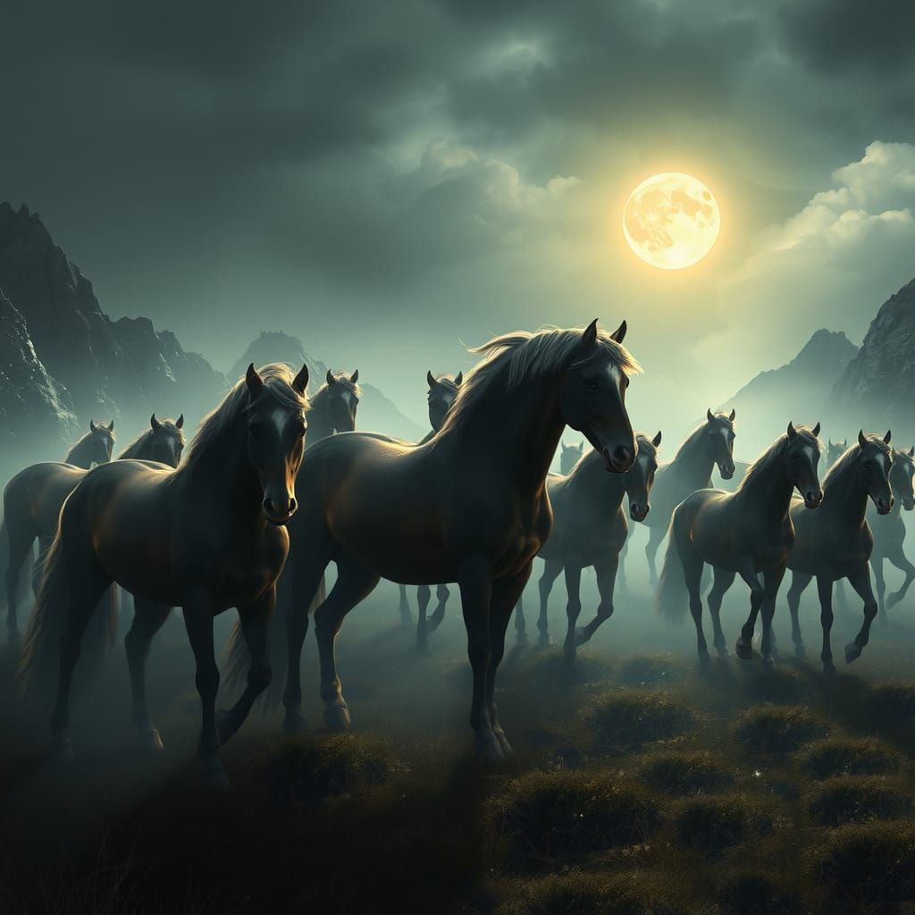 Horses Grazing in Moonlight: Dark Fantasy Concept Art
