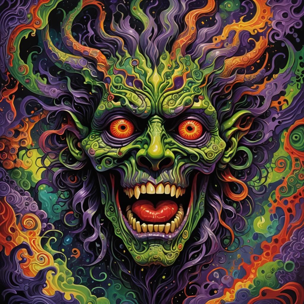 Psychedelic Demon Head Album Art in Surreal Oil Painting