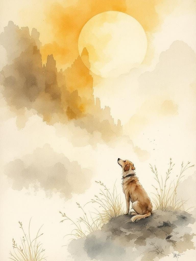 Dog in Sunlight: Atmospheric Watercolor Painting