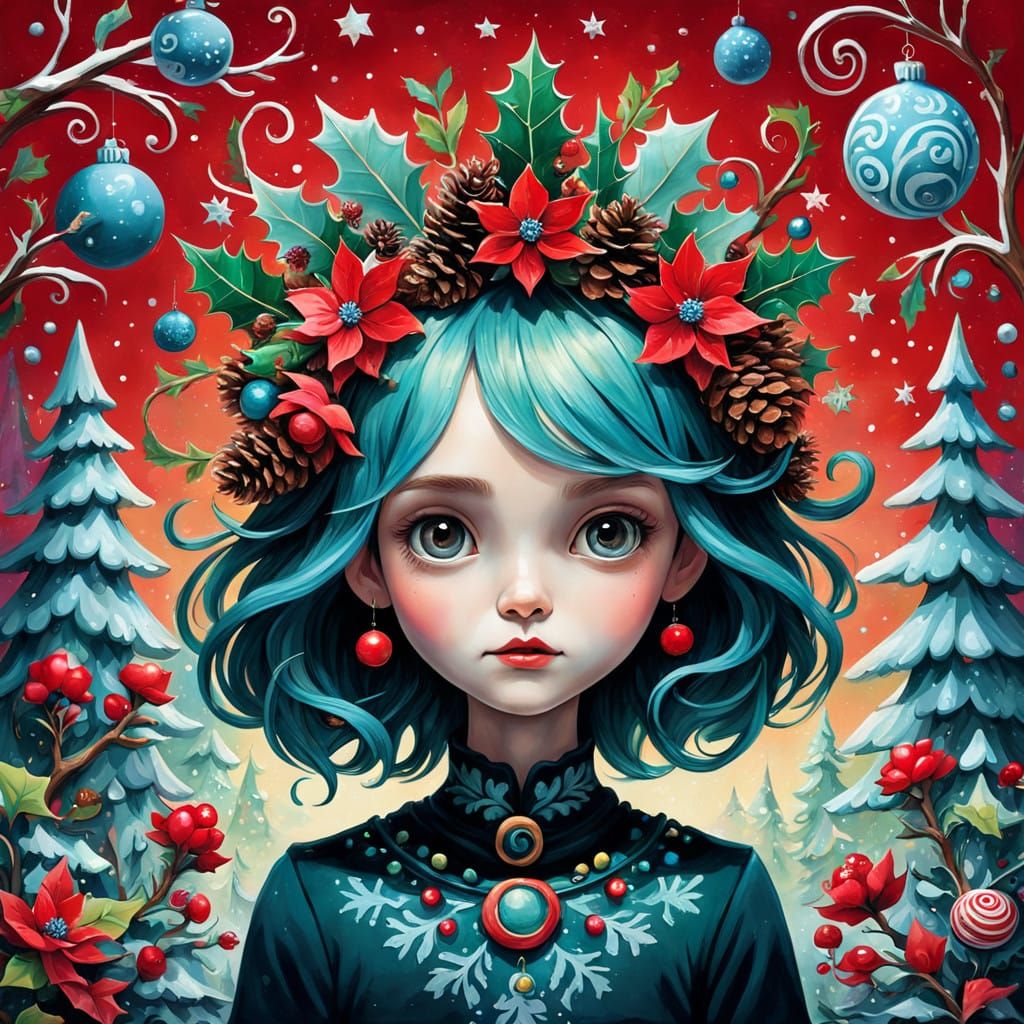 Whimsical Christmas Crown in Vibrant Folk Art Style